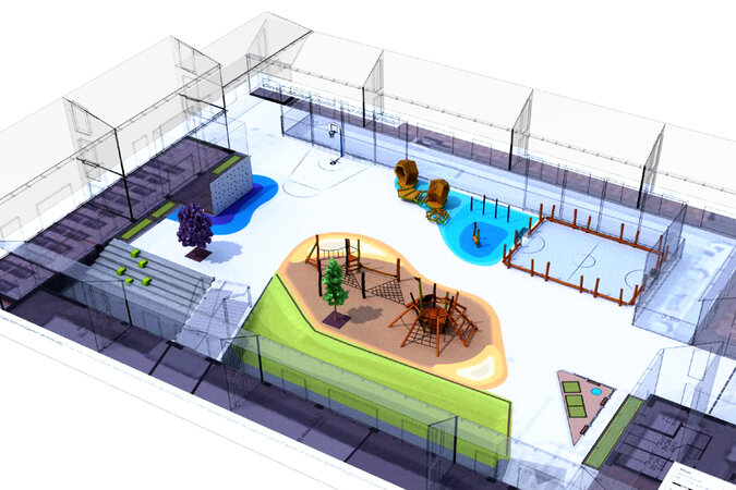 Speeltuin architectuur met eibe - eibe speeltuin geïntegreerd in een sportfaciliteit.
